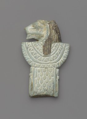  <em>Amulet in Form of a Lion-Headed Aegis</em>, 664–30 B.C.E. Faience, 2 1/4 x 1 7/16 in. (5.7 x 3.7 cm). Brooklyn Museum, Gift of Evangeline Wilbour Blashfield, Theodora Wilbour, and Victor Wilbour honoring the wishes of their mother, Charlotte Beebe Wilbour, as a memorial to their father, Charles Edwin Wilbour, 16.401. Creative Commons-BY (Photo: Brooklyn Museum, 16.401_front_PS9.jpg)