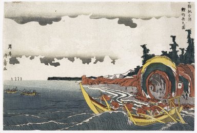 Shotei Hokujiu (Japanese, died 1830). <em>Fishing-boats hooking Bonito in the Chōshi Bay in the Shimōsa Province, from an untitled series of nine landscapes</em>, ca. 1815. Color woodblock print on paper, 10 1/16 x 14 11/16 in. (25.5 x 37.3 cm). Brooklyn Museum, Museum Collection Fund, 16.560 (Photo: Brooklyn Museum, 16.560_print_IMLS_SL2.jpg)