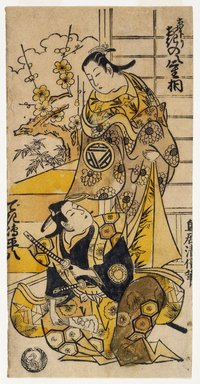 Kiyomasu Torii I (Japanese, active 1704-1718). <em>The Actors Ogino Yaegiri I and Unknown</em>, ca. 1730. Urushige (lacquer print) black and white hand colored, 9 5/16 x 6 in. (23.6 x 15.3 cm). Brooklyn Museum, Museum Collection Fund, 16.561 (Photo: Brooklyn Museum, 16.561_IMLS_SL2.jpg)