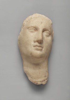 Graeco-Egyptian. <em>Female Face and Neck</em>. Marble, pigment, 8 9/16 × 4 × 3 7/16 in. (21.8 × 10.2 × 8.7 cm). Brooklyn Museum, Gift of Evangeline Wilbour Blashfield, Theodora Wilbour, and Victor Wilbour honoring the wishes of their mother, Charlotte Beebe Wilbour, as a memorial to their father, Charles Edwin Wilbour, 16.580.82. Creative Commons-BY (Photo: Brooklyn Museum, 16.580.82_PS9.jpg)