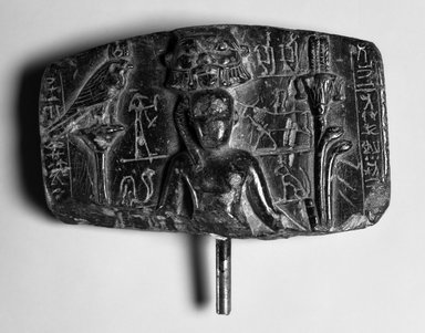  <em>Upper Part of Cippus of Horus</em>, 332-30 B.C.E. Steatite, 4 x 1 1/4 x 2 5/8 in. (10.1 x 3.2 x 6.6 cm). Brooklyn Museum, Gift of Evangeline Wilbour Blashfield, Theodora Wilbour, and Victor Wilbour honoring the wishes of their mother, Charlotte Beebe Wilbour, as a memorial to their father, Charles Edwin Wilbour, 16.652. Creative Commons-BY (Photo: Brooklyn Museum, 16.652_front_bw_IMLS.jpg)