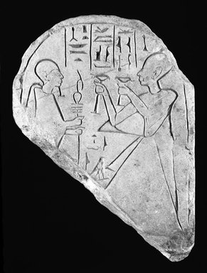  <em>Fragmentary Stela</em>, ca. 1539–1075 B.C.E. Limestone, 6 5/16 x 4 3/4 x 1 5/8 in. (16 x 12.1 x 4.2 cm). Brooklyn Museum, Gift of Evangeline Wilbour Blashfield, Theodora Wilbour, and Victor Wilbour honoring the wishes of their mother, Charlotte Beebe Wilbour, as a memorial to their father, Charles Edwin Wilbour, 16.93. Creative Commons-BY (Photo: Brooklyn Museum, 16.93_bw_IMLS.jpg)