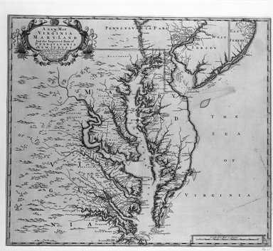 (revised by) John Senex (British,  active 1690-1740). <em>A New Map of Virginia , Maryland, and the Improved Parts of Pennsylvania and New Jersey</em>, 1721. Engraving on paper, 19 1/4 x 22 in. (48.9 x 55.9 cm). Brooklyn Museum, Henry L. Batterman Fund, 17.142 (Photo: , 17.142_bw_SL4.jpg)