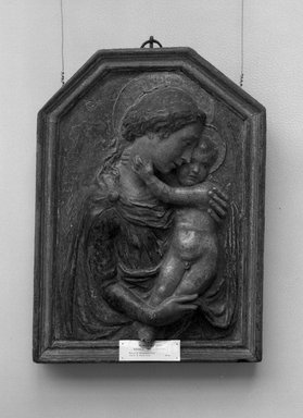 Unknown. <em>Madonna and Child</em>. Stucco - polychrome, 20 x 16 in. (50.8 x 40.6 cm). Brooklyn Museum, Purchased with funds given by A. Augustus Healy and Robert B. Woodward Memorial Fund, 18.141. Creative Commons-BY (Photo: Brooklyn Museum, 18.141_acetate_bw.jpg)
