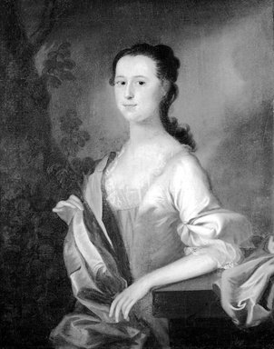 Joseph Blackburn (American, active ca. 1750-1780). <em>Mrs. Wyseman Clagett (Née Lettice Mitchell; Later Mrs. Simon McQuesten)</em>, ca. 1760. Oil on canvas, 36 1/16 x 27 3/4 in. (91.6 x 70.5 cm). Brooklyn Museum, Caroline H. Polhemus Fund, 18.43 (Photo: Brooklyn Museum, 18.43_acetate_bw.jpg)