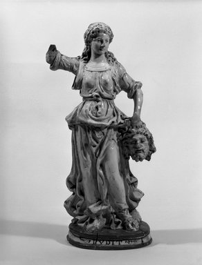 Workshop of Giovanni della Robbia (Italian, Florentine, 1469–1529/30). <em>Judith with the Head of Holofernes</em>, late 15th or early 16th century. Glazed terracotta, 23 1/2 x 12 1/2 x 6 1/2 in. (59.7 x 31.8 x 16.5 cm). Brooklyn Museum, Purchased with funds given by A. Augustus Healy and Robert B. Woodward Memorial Fund, 19.114a-b. Creative Commons-BY (Photo: Brooklyn Museum, 19.114_bw.jpg)