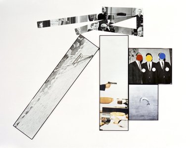 John Baldessari (American, 1931–2020). <em>The Fallen Easel</em>, 1987. Lithograph and Silkscreen on ragcote paper and 5 pieces of photo-sensitized aluminum, Overall: 74 × 95 in. (188 × 241.3 cm). Brooklyn Museum, Gift of IBM Gallery of Science and Art, 1989.42a-i. © artist or artist's estate (Photo: Brooklyn Museum, 1989.42a-i.jpg)