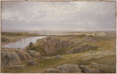 William Trost Richards (American, 1833-1905). <em>Lily Pond, Newport</em>, 1877. Opaque watercolor on paper, framed: 31 x 45 in. (78.7 x 114.3 cm). Brooklyn Museum, Purchased with funds given by Mr. and Mrs. Leonard L. Milberg, 1989.6 (Photo: Brooklyn Museum, 1989.6_SL3.jpg)