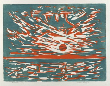 Theo Hios (American, born Greece, 1908-1999). <em>Sunset</em>, 1959. Color woodcut, on white watercolor paper, Sheet: 15 11/16 x 19 11/16 in. (39.8 x 50 cm). Brooklyn Museum, Gift of the artist, 1989.82.1. © artist or artist's estate (Photo: Brooklyn Museum, 1989.82.1_PS4.jpg)