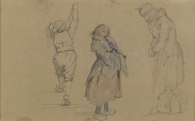 Eastman Johnson (American, 1824-1906). <em>Three Dutch Figures</em>, ca. 1852. Graphite, watercolor and white chalk on brown, medium weight, moderately textured wove paper, 6 1/2 × 10 7/8 in. (16.5 × 27.6 cm). Brooklyn Museum, Purchased with funds given by Mr. and Mrs. Leonard L. Milberg, 1990.101.6a-b (Photo: Brooklyn Museum, 1990.101.6_PS6.jpg)