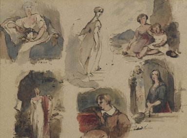 Thomas Sully (American, born England, 1783–1872). <em>[Untitled] (Six Figure Studies) (recto) and [Untitled] (Seven Figure Studies) (verso)</em>, ca. 1830s. Iron gall ink and watercolor on beige, medium-weight, moderately textured antique laid paper, recto: 8 13/16 x 11 1/2 in. (22.4 x 29.2 cm). Brooklyn Museum, Gift of the American Art Council, 1990.102.1a-b (Photo: Brooklyn Museum, 1990.102.1a-b_PS6.jpg)