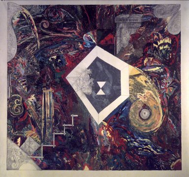 William T. Wiley (American, 1937-2021). <em>Small Graphic Reactor</em>, 1986. Acrylic paint and graphite, 108 x 110 1/2in. (274.3 x 280.7cm). Brooklyn Museum, Gift of the Contemporary Art Council and gift of Edward A. Bragaline, by exchange, 1990.107. © artist or artist's estate (Photo: Brooklyn Museum, 1990.107.jpg)