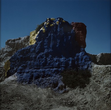 Lourdes Grobet (Mexican, 1940-2022). <em>Untitled (Rock Formation Painted Blue/Yellow)</em>, ca. 1986. Silver dye bleach photograph (Cibachrome), image: 7 1/2 x 7 1/2 in. (19.1 x 19.1 cm). Brooklyn Museum, Gift of Marcuse Pfeifer, 1990.119.17. © artist or artist's estate (Photo: Brooklyn Museum, 1990.119.17_PS11.jpg)