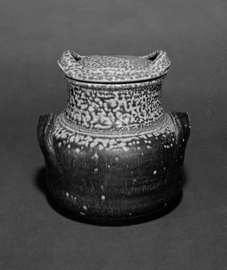 Karen Karnes (American, 1925 - 2016). <em>Covered Jar</em>, ca. 1976. Salt-glazed stoneware, jar  with cover - height: 10 1/4 in. - diameter: 10 in.(26.1 x 25.5 cm.). Brooklyn Museum, Modernism Benefit Fund, 1990.156.1a-b. Creative Commons-BY (Photo: Brooklyn Museum, 1990.156.1a-b_bw.jpg)