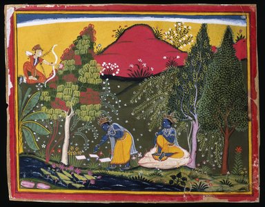 Indian. <em>Cupid Disturbs Krishna's Penance, Page from a Gita Govinda Series</em>, ca. 1650–1660. Opaque watercolor and gold on paper, Sheet: 7 5/8 x 9 3/4 in. (19.4 x 24.8 cm). Brooklyn Museum, Gift of Mr. and Mrs. Robert L. Poster, 1990.186 (Photo: Brooklyn Museum, 1990.186_IMLS_SL2.jpg)