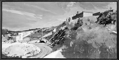 Rackstraw Downes (British, born 1939). <em>Dragon Cement, Rock Crushing Operation (Study)</em>, 1985. Oil on canvas mounted on board, 17 5/8 x 35 1/8 in.  (44.8 x 89.2 cm). Brooklyn Museum, Gift of Harry Kahn, 1990.42.1. © artist or artist's estate (Photo: Brooklyn Museum, 1990.42.1_bw.jpg)