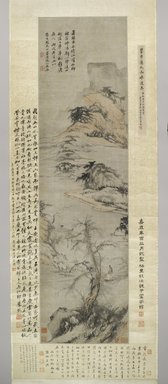Wu Li (Chinese, 1632-1718). <em>An Old Man Walking by a Stream, with Distant Mountains</em>, 1706. Ink and color on paper, image: 50 3/4 x 13 1/2 in. (128.9 x 34.3 cm). Brooklyn Museum, Gift of the Asian Art Council, 1990.71 (Photo: Brooklyn Museum, 1990.71_PS6.jpg)
