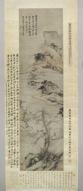 Wu Li (Chinese, 1632–1718). <em>An Old Man Walking by a Stream, with Distant Mountains</em>, 1706. Ink and color on paper, image: 50 3/4 x 13 1/2 in. (128.9 x 34.3 cm). Brooklyn Museum, Gift of the Asian Art Council, 1990.71 (Photo: Brooklyn Museum, 1990.71_PS6.jpg)