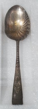 Rogers & Hamilton Co.. <em>Berry Spoon, Cardinal Pattern</em>, patented 1887. Silver-plate, 8 1/4 x 2 3/32 x 1 3/16 in. Brooklyn Museum, Gift of Paul F. Walter, 1990.90.8. Creative Commons-BY (Photo: Brooklyn Museum, 1990.90.8_installation_PS5.jpg)