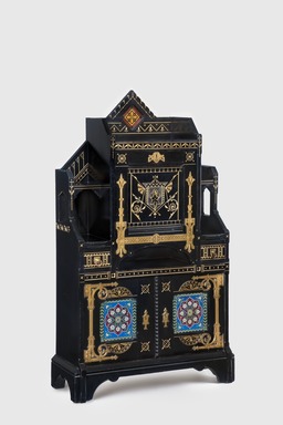 Kimbel and Cabus (1863–1882). <em>Cabinet-Secretary</em>, ca. 1875. Painted cherry, copper, brass, gilding, leather, earthenware, 60 × 35 × 14 in. (152.4 × 88.9 × 35.6 cm). Brooklyn Museum, Bequest of DeLancey Thorn Grant in memory of her mother, Louise Floyd-Jones Thorn, by exchange, 1991.126. Creative Commons-BY (Photo: Gavin Ashworth, 1991.126_GavinAshworth.jpg)