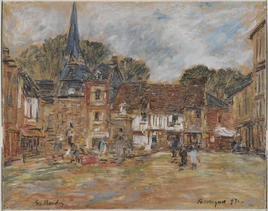 Eugène Louis Boudin (French, 1824-1898). <em>Village Square, Fervaques, Normandy</em>, 1897. Pastel on cream wove paper with blue threads, 14 1/8 x 17 1/8in. (35.9 x 43.5cm). Brooklyn Museum, Gift of Mr. and Mrs. Robert E. Blum, 1991.147.1 (Photo: Brooklyn Museum, 1991.147.1_PS4.jpg)