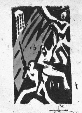 Adolf Hoffmeister (Czech, 1902-1973). <em>La Revolution I</em>, 1920. Woodcut with watercolor, Sheet: 13 1/2 x 8 1/8 in. (34.3 x 20.6 cm). Brooklyn Museum, John W. James Fund, 1991.222.1 (Photo: Brooklyn Museum, 1991.222.1_bw.jpg)