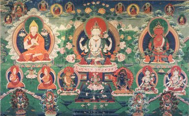  <em>Avalokiteshvara and Deities</em>, late 18th-early 19th century. Watercolors and gold on cotton, 40 x 63 3/4 in. (101.7 x 162.0 cm). Brooklyn Museum, Gift of Mr. and Mrs. Richard M. Danziger, 1991.238 (Photo: Image courtesy of the Shelley and Donald Rubin Foundation, George Roos,er, 1991.238.jpg)