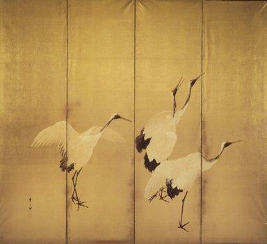 Kawamura Manshu (Japanese, 1880-1942). <em>Cranes  (One of Pair)</em>, early 20th century. One of a pair of four-panel folding screens, ink, color and gold on paper, 67 x 73 1/2 in. (170.2 x 186.7cm). Brooklyn Museum, Gift of Henry and Liza Hyde, 1991.242.1. Creative Commons-BY (Photo: Brooklyn Museum, 1991.242.1.jpg)