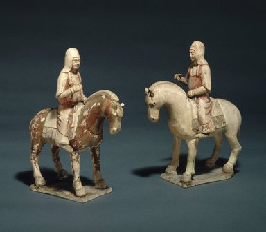  <em>Male Figure Riding Horse, One of Pair</em>, 581–618. Earthenware, traces of pigment, 9 1/4 x 3 3/4 in. (23.5 x 9.5 cm). Brooklyn Museum, Gift of Lucile E. Selz, 1991.247.3. Creative Commons-BY (Photo: , 1991.247.2_1991.247.3_SL1.jpg)