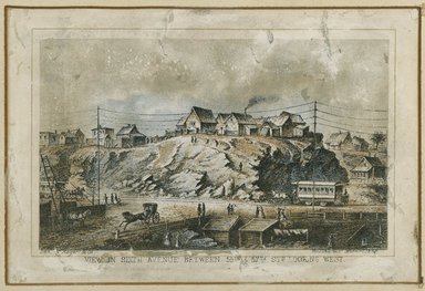 After Currier & Ives (American). <em>View in Sixth Avenue between 55th and 57th Streets Looking West</em>. Color lithograph on wove paper, Sheet: 5 3/16 x 7 7/16 in. (13.2 x 18.9 cm). Brooklyn Museum, Gift of Mrs. Harry Elbaum in honor of Daniel Brown, art critic, 1991.285.22 (Photo: Brooklyn Museum, 1991.285.22_PS2.jpg)