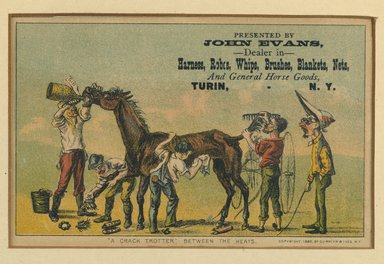 After Currier & Ives (American). <em>"A Crack Trotter," Between the Heats</em>, 1880. Color reproductive print on card, Sheet: 6 x 7 5/8 in. (15.2 x 19.4 cm). Brooklyn Museum, Gift of Mrs. Harry Elbaum in honor of Daniel Brown, art critic, 1991.285.26 (Photo: Brooklyn Museum, 1991.285.26_PS2.jpg)