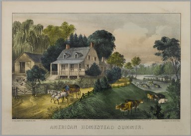 Currier & Ives (American). <em>American Homestead Summer</em>, 1868–1869. Hand-colored lithograph on wove paper, 7 7/8 x 12 3/8in. (20 x 31.4cm). Brooklyn Museum, Gift of Mrs. Harry Elbaum in honor of Daniel Brown, art critic, 1991.285.3 (Photo: Brooklyn Museum, 1991.285.3_PS1.jpg)