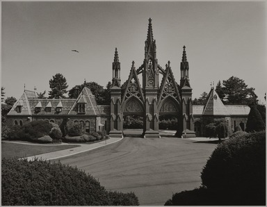 Tony Velez (American, born 1946). <em>Entrance Gates to Greenwood Cemetery, Sunset Park, (5th Avenue and 23rd Street), Brooklyn, NY, 1 of 20 from a Portfolio of 34</em>, 1990. Gelatin silver print, 11 x 14in. (27.9 x 35.6cm). Brooklyn Museum, Gift of Victor H. Kempster, 1991.306.9. © artist or artist's estate (Photo: Brooklyn Museum, 1991.306.9_PS11.jpg)