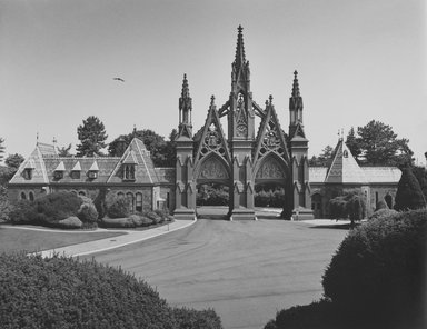 Tony Velez (American, born 1946). <em>Entrance Gates to Greenwood Cemetery, Sunset Park, (5th Avenue and 23rd Street), Brooklyn, NY, 1 of 20 from a Portfolio of 34</em>, 1990. Gelatin silver print, 11 x 14in. (27.9 x 35.6cm). Brooklyn Museum, Gift of Victor H. Kempster, 1991.306.9. © artist or artist's estate (Photo: Brooklyn Museum, 1991.306.9_PS2.jpg)