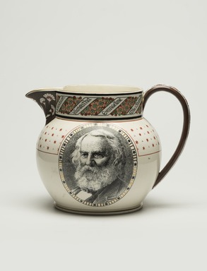 Thomas Allen (English, 1831–1915). <em>Longfellow Pitcher</em>, 1879. Glazed earthenware, transfer printed decoration, gilt, 6 11/16 x 8 7/8 x 6 1/8 in. (17.0 x 22.5 x 15.5 cm). Brooklyn Museum, Robert B. Woodward Memorial Fund, 1991.38. Creative Commons-BY (Photo: Brooklyn Museum, 1991.38_view01_PS11.jpg)