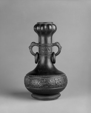  <em>Double-Eared Vase</em>, second half 20th century. "Purple clay" (zisha) earthenware, 6 1/2 x 3 3/8 in. (15.9 x 8.6 cm). Brooklyn Museum, Gift of the Estate of Charles A. Brandon, 1991.74.9. Creative Commons-BY (Photo: Brooklyn Museum, 1991.74.9_bw.jpg)