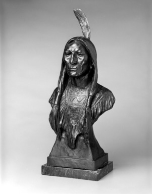 Max Bachmann (American, 1862-1921). <em>Portrait of an Indian</em>, 1900-1905. Bronze and green stone base, 22 1/2 x 9 3/4 x 6 in. (57.2 x 24.8 x 15.2 cm). Brooklyn Museum, Gift of Louis John and Pamela Greenspan Ercole in memory of Sol Greenspan, 1992.106. Creative Commons-BY (Photo: Brooklyn Museum, 1992.106_bw.jpg)