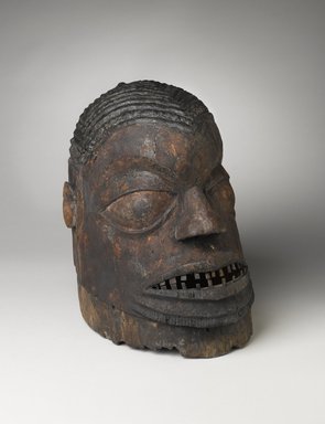 Yorùbá. <em>Helmet Mask (Igbudu)</em>, 19th century. Wood, metal, pigment, 11 1/4  x  9  3/4  x 13 1/2 in. Brooklyn Museum, Gift of Drs. John I. and Nicole Dintenfass, 1992.135.2. Creative Commons-BY (Photo: Brooklyn Museum, 1992.135.2_threequarter_PS4.jpg)