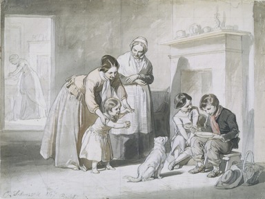 Christian Schussele (American 1824-1879). <em>Study for Lesson in Charity</em>, 1857. Watercolor and pencil on wove paper, 13 3/4 x 18 1/4 in. Brooklyn Museum, A. Augustus Healy Fund and Carll H. de Silver Fund, 1992.14.1 (Photo: Brooklyn Museum, 1992.14.1_transpc001.jpg)