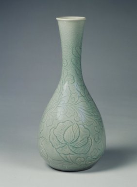 Kyung-hee Lee (Korean, born 1925). <em>Celadon Vase</em>, 1987. Gray porcelain, blue-green celadon glaze, iron-black paint, Height: 11 3/8 in. - Diameter: 4 1/2 in. Brooklyn Museum, Gift of Dr. John P. Lyden, 1992.147.9. Creative Commons-BY (Photo: Brooklyn Museum, 1992.147.9.jpg)