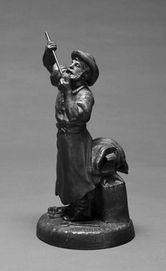 Karl L. H. Müller (American, born Germany, 1820–1887). <em>Statuette of Blacksmith</em>, ca. 1867. Patinated metal, 10 15/16 x 5 3/8 x 5 3/8 in.  (27.8 x 13.7 x 13.7 cm). Brooklyn Museum, Gift of Emma and Jay Lewis, 1992.163.1. Creative Commons-BY (Photo: Brooklyn Museum, 1992.163.1_bw.jpg)