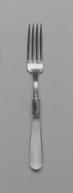 Frederick Carder (American, born England, 1863–1963). <em>Fork</em>, ca. 1930. Silver-plate, glass, 7 3/4 x 15/16 x 11/16 in.  (19.7 x 2.4 x 1.7 cm). Brooklyn Museum, Gift of Denis Gallion and Daniel Morris, 1992.165.4. Creative Commons-BY (Photo: Brooklyn Museum, 1992.165.4_bw.jpg)