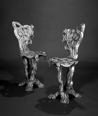 Yves Marthelot (French, born 1949). <em>Side Chair</em>, ca. 1985. Wood with gesso and silvering, 34 x 15 x 17 in.  (86.4 x 38.1 x 43.2 cm). Brooklyn Museum, Gift of Mr. and Mrs. Bruce M. Newman, 1992.205.2. Creative Commons-BY (Photo: , 1992.205.1_1992.205.2_bw.jpg)