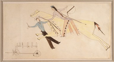 Possibly Cheyenne. <em>Ledger Book Drawing</em>, ca. 1890. Ink, crayon, paper, 6 7/8 x 13 3/8in. (17.5 x 34cm). Brooklyn Museum, Gift of The Roebling Society, 1992.27.1 (Photo: Brooklyn Museum, 1992.27.1_SL1.jpg)