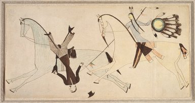 Possibly Cheyenne. <em>Ledger Book Drawing</em>, ca. 1890. Ink, crayon, paper, 6 7/8 x 13 3/4 in. Brooklyn Museum, Gift of The Roebling Society, 1992.27.2 (Photo: Brooklyn Museum, 1992.27.2_SL1.jpg)