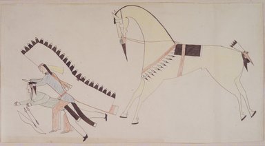 Possibly Cheyenne. <em>Ledger Book Drawing</em>, ca. 1890. Ink, crayon, woven paper, 7 1/4 x 14 in. (18.4 x 35.6 cm). Brooklyn Museum, A. Augustus Healy Fund, 1992.76.1 (Photo: Brooklyn Museum, 1992.76.1_transp3554.jpg)