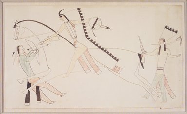 Possibly Cheyenne. <em>Ledger Book Drawing</em>, ca. 1890. Pen, brown ink and wax crayon on wove paper
, 7 1/4 x 12 1/2 in. (18.4 x 31.8 cm). Brooklyn Museum, A. Augustus Healy Fund, 1992.76.3 (Photo: Brooklyn Museum, 1992.76.3_transp3552.jpg)