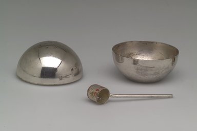 Napier (1922–present). <em>Salt and Pepper Server</em>, ca. 1935. Silver-plated brass, (a & b) Bowl & Shaker fitted together: 1 7/8 x 2 x 2 in. (4.8 x 5.1 x 5.1 cm). Brooklyn Museum, Gift of Mark Isaacson, 1992.92.6a-c. Creative Commons-BY (Photo: Brooklyn Museum, 1992.92.6a-c_open.jpg)