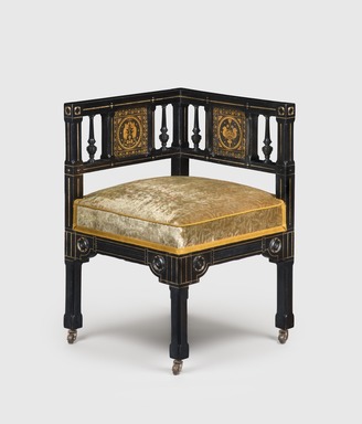 Kimbel and Cabus (1863-1882). <em>Corner Chair (Modern Gothic style)</em>, ca. 1875. Painted soft maple, paper, gilding, copper alloy, rubber, modern textile, 27 1/2 × 18 1/2 × 18 1/2 in. (69.9 × 47 × 47 cm). Brooklyn Museum, Bequest of DeLancey Thorn Grant in memory of her mother, Louise Floyd-Jones Thorn, by exchange, 1992.9. Creative Commons-BY (Photo: Gavin Ashworth, 1992.9_GavinAshworth.jpg)