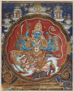 Indian. <em>Durga Killing the Buffalo Demon</em>, 19th century. Opaque watercolor embellished with applied gold and lacquer strips, 15 5/8 x 12 1/4 in.  (39.7 x 31.1 cm). Brooklyn Museum, Gift of Dr. Bertram H. Schaffner, 1993.106.2 (Photo: Brooklyn Museum, 1993.106.2_IMLS_PS3.jpg)